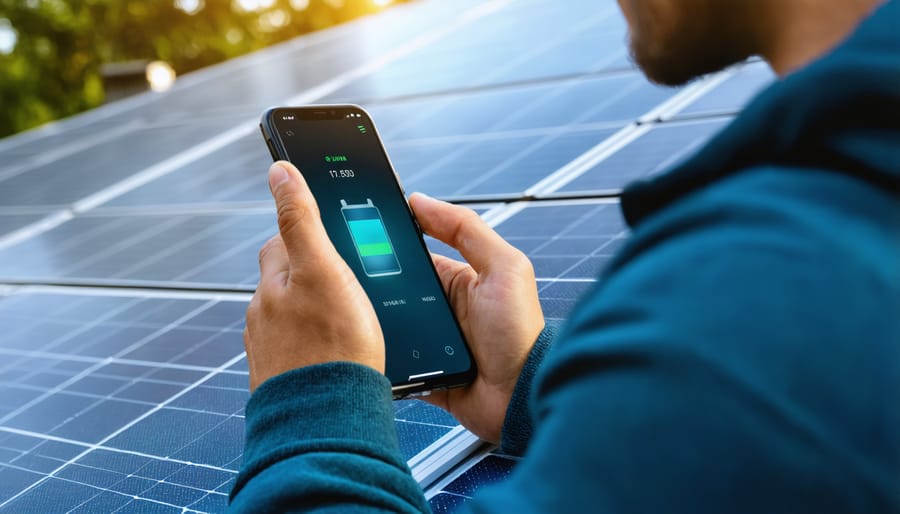 Hand holding smartphone displaying solar power monitoring dashboard with energy statistics