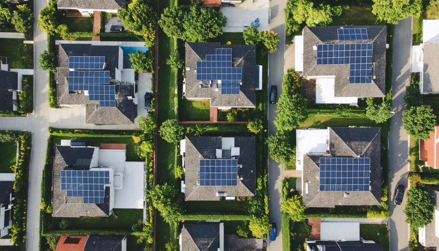 Bird's eye view of suburban homes with solar panels forming a local energy network