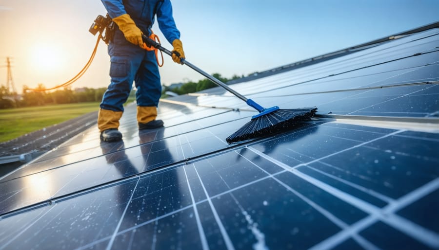 Professional demonstrating safe solar panel cleaning techniques using a soft brush and water