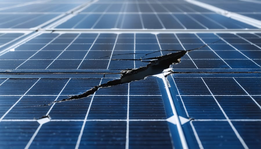 Visual examples of solar panel damage including cracks, discoloration, and debris accumulation