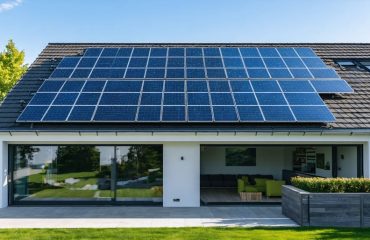 A modern house with diverse and advanced solar panels, including perovskite and bifacial models, showcasing enhanced efficiency and sustainability.