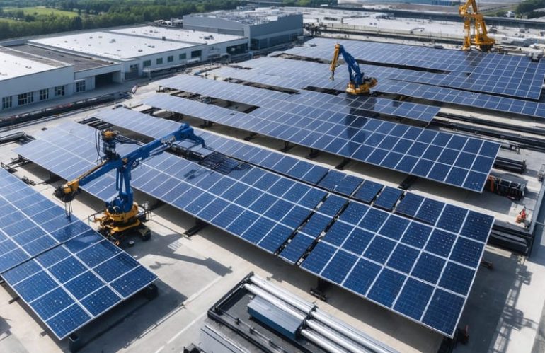 Detailed view showcasing the stages of solar panel manufacturing, from silicon processing to assembly and final installation on residential rooftops, emphasizing technological innovations and cost dynamics.