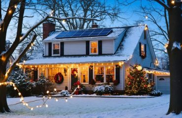Suburban home decorated with solar-powered Christmas lights at dusk, featuring a visible solar panel on the lawn surrounded by snow.