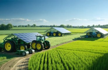 A futuristic farm showcasing solar panels integrated into fields and powering equipment, highlighting solar-powered tractors and smart greenhouses under a bright blue sky.