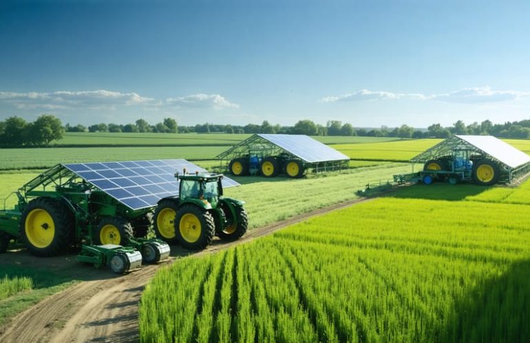 A futuristic farm showcasing solar panels integrated into fields and powering equipment, highlighting solar-powered tractors and smart greenhouses under a bright blue sky.