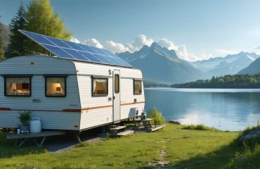 A mobile home equipped with solar panels on its roof, parked beside a serene lake with a mountain range in the background, epitomizing sustainable off-grid living.