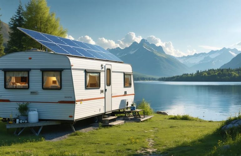 A mobile home equipped with solar panels on its roof, parked beside a serene lake with a mountain range in the background, epitomizing sustainable off-grid living.