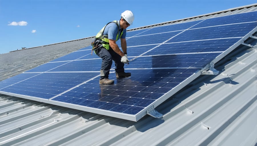 Certified technician installing solar metal roofing components on a residential home