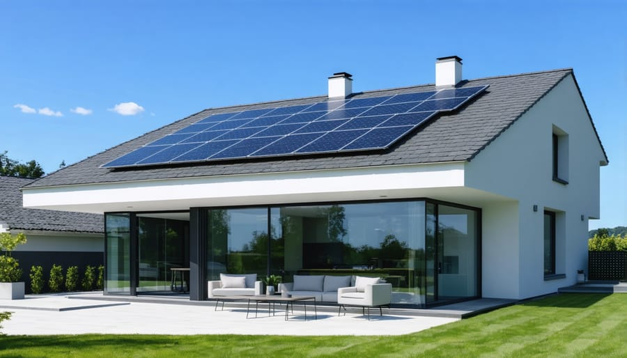 Residential house with solar roof tiles that blend with traditional roofing materials