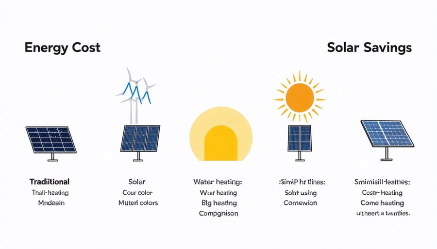 Bar graph comparing annual water heating costs: traditional vs solar heating systems