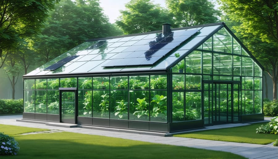 Modern greenhouse featuring solar panels and digital monitoring equipment