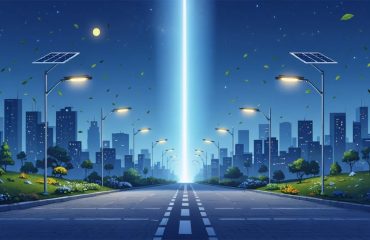 Conceptual illustration of an urban skyline transitioning from traditional street lights to modern solar street lights at dusk, featuring solar panels and LED fixtures, highlighting the theme of sustainability and innovation.