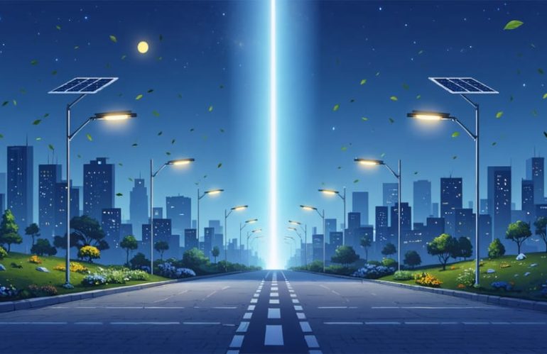 Conceptual illustration of an urban skyline transitioning from traditional street lights to modern solar street lights at dusk, featuring solar panels and LED fixtures, highlighting the theme of sustainability and innovation.