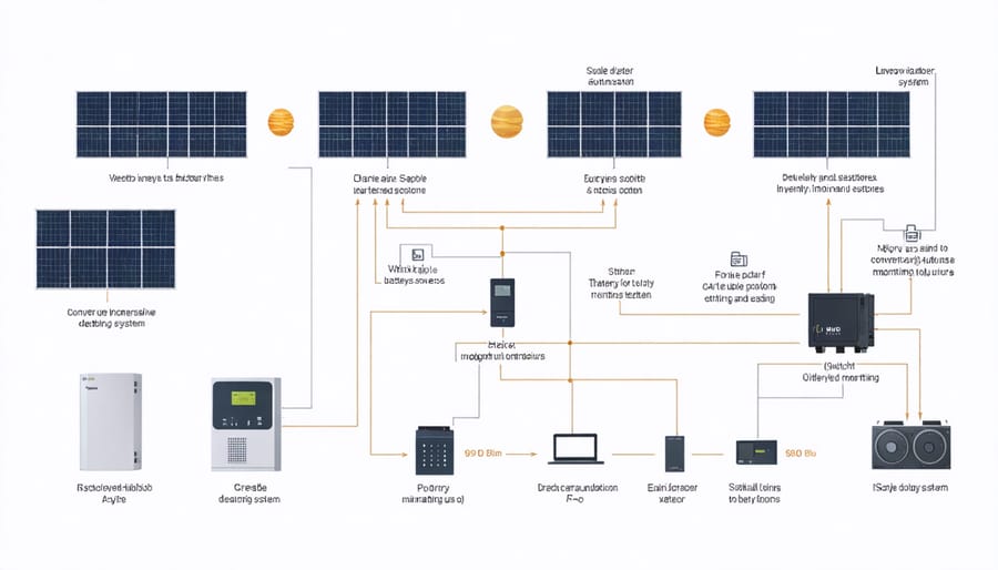 Technical illustration of solar power system components and their connections in a mobile home