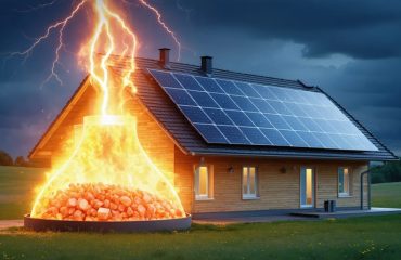 Conceptual artwork showing a house with solar panels and thermal energy storage; illustrates energy conversion, storage as molten salt, and heat flow management.