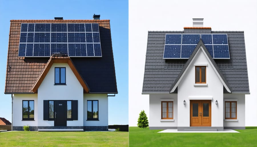Comparison showing traditional solar panels versus seamlessly integrated solar roof tiles on residential homes