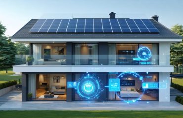 A modern residential home with a solar panel system on the roof, featuring a smart meter display to signify advanced energy tracking and consumption monitoring.