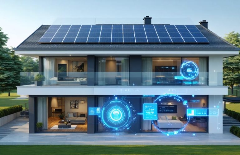 A modern residential home with a solar panel system on the roof, featuring a smart meter display to signify advanced energy tracking and consumption monitoring.