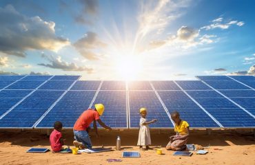 Solar panels extending across developing regions, with technicians, villagers, and children using solar technology, highlighting the transformative impact of solar energy.