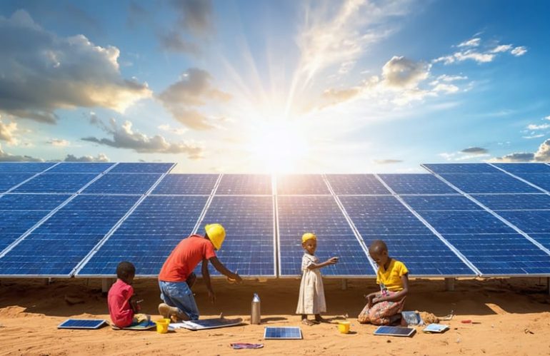 Solar panels extending across developing regions, with technicians, villagers, and children using solar technology, highlighting the transformative impact of solar energy.