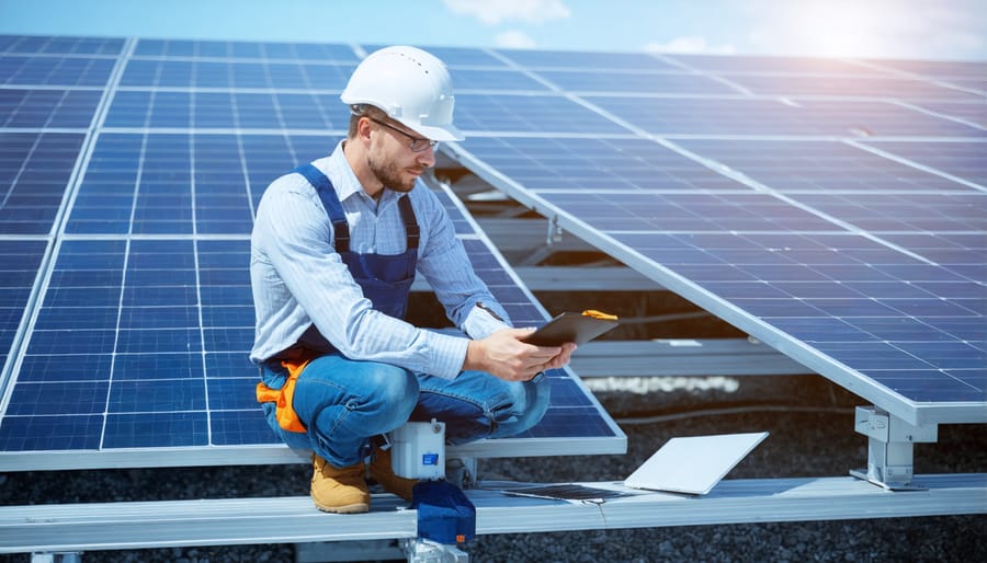Professional installing thermal storage system components with residential solar setup