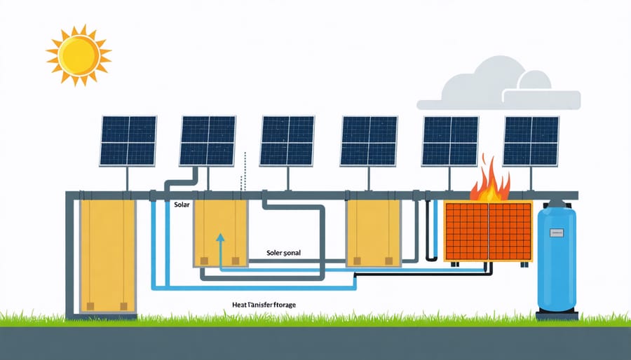 Infographic showing thermal energy storage system components and heat flow