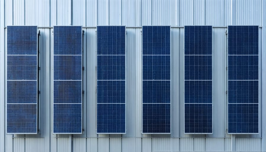 Modern building with vertically mounted solar panels seamlessly integrated into its facade