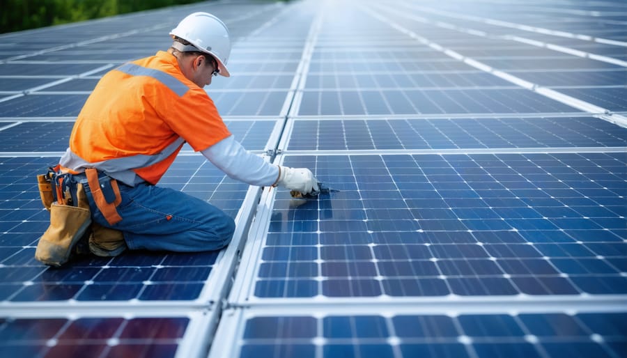 Professional cleaning and inspecting vertical solar panels using proper safety gear