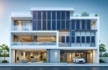 A modern residential building featuring vertically mounted solar panels seamlessly integrated into its facade, illustrating the innovative use of wall space for energy generation and architectural enhancement.