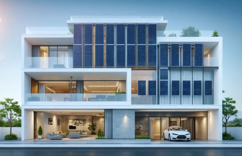 A modern residential building featuring vertically mounted solar panels seamlessly integrated into its facade, illustrating the innovative use of wall space for energy generation and architectural enhancement.