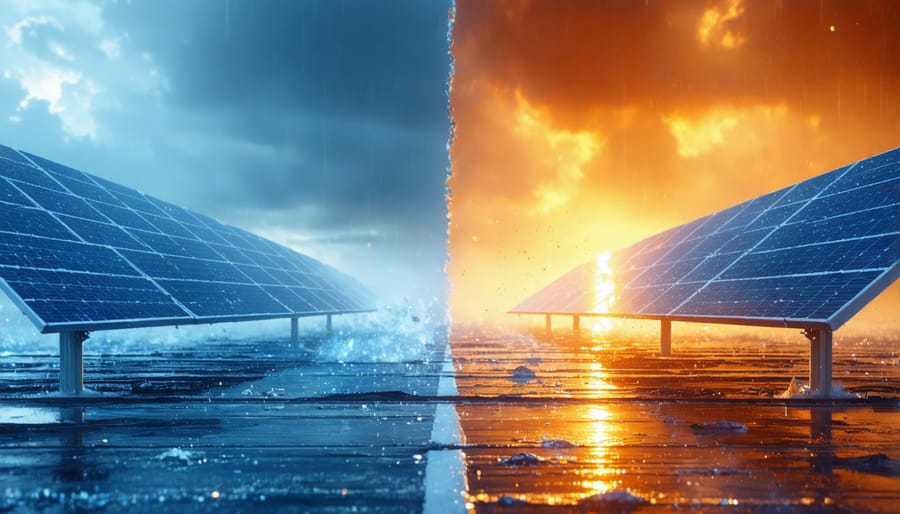 Side-by-side comparison of quantum and traditional solar panels under harsh weather conditions