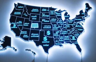 Illustrated map of the United States with highlighted zip codes indicating varying levels of solar incentives, solar panels, and dollar signs to depict potential savings.