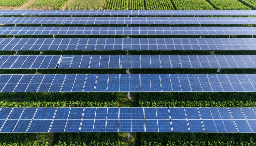 Aerial photograph of solar panels integrated with agricultural crops in an agrivoltaic system