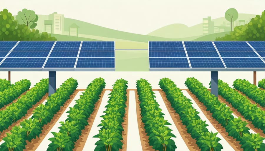 Diagram demonstrating agrivoltaic system with crops growing under elevated solar panels