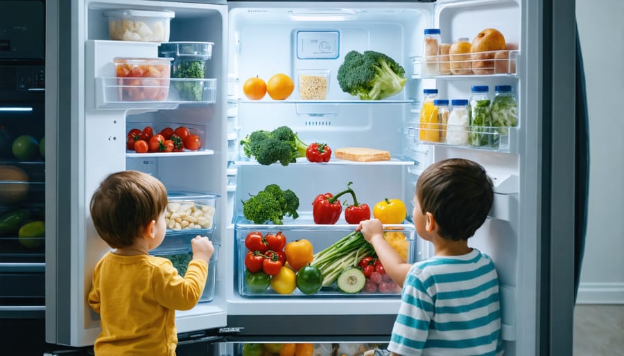 Family preparing healthy meal with food preserved by battery-powered refrigeration