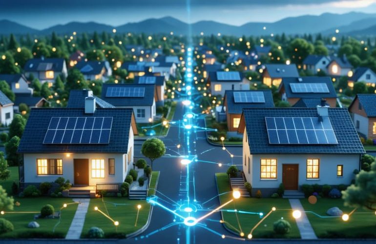 Illustration of a neighborhood with homes connected via digital blockchain nodes and solar panels, representing peer-to-peer solar energy trading.