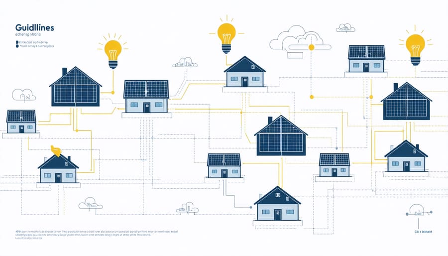 Network diagram of houses with solar panels connected via blockchain nodes, showing energy flow and transaction paths