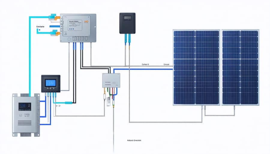 Technical diagram illustrating the connection between solar equipment and blockchain trading hardware