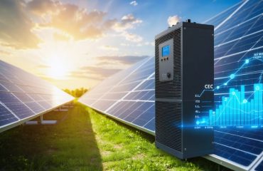 Illustration depicting solar panels and an inverter with CEC efficiency ratings. Abstract energy waves represent efficient power conversion with a background sun symbolizing real-world conditions. Includes a graphical comparison of CEC efficiency and standard ratings.