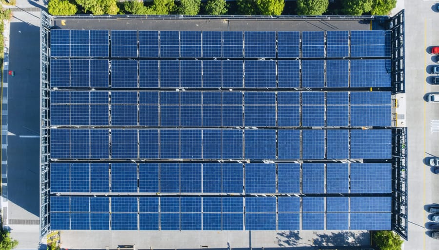 Birds-eye view of commercial solar panel array installed on warehouse roof