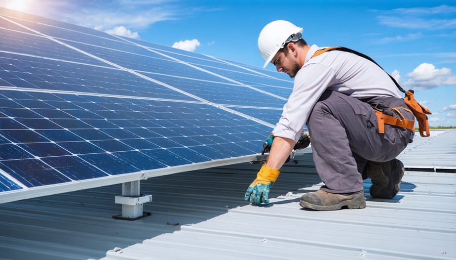 Solar technicians installing and testing commercial solar panels on business roof
