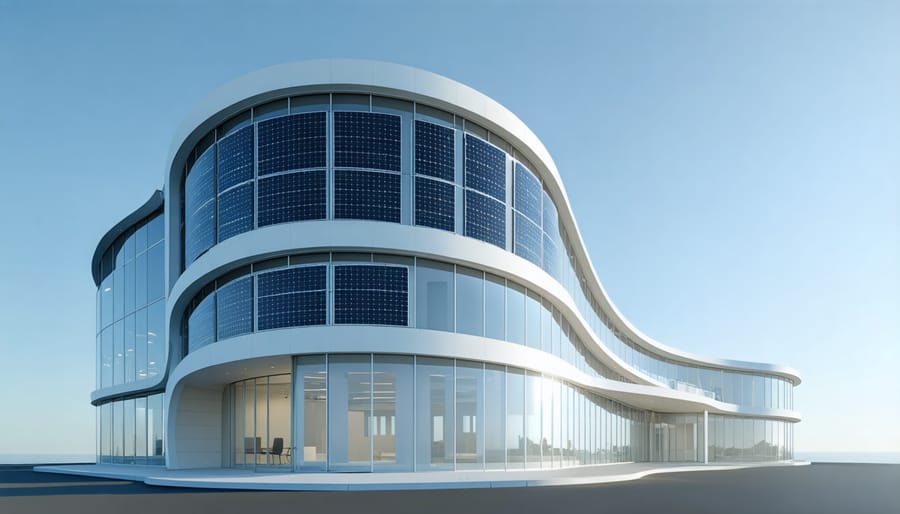 Modern building featuring seamlessly integrated flexible solar panels on its curved glass surface