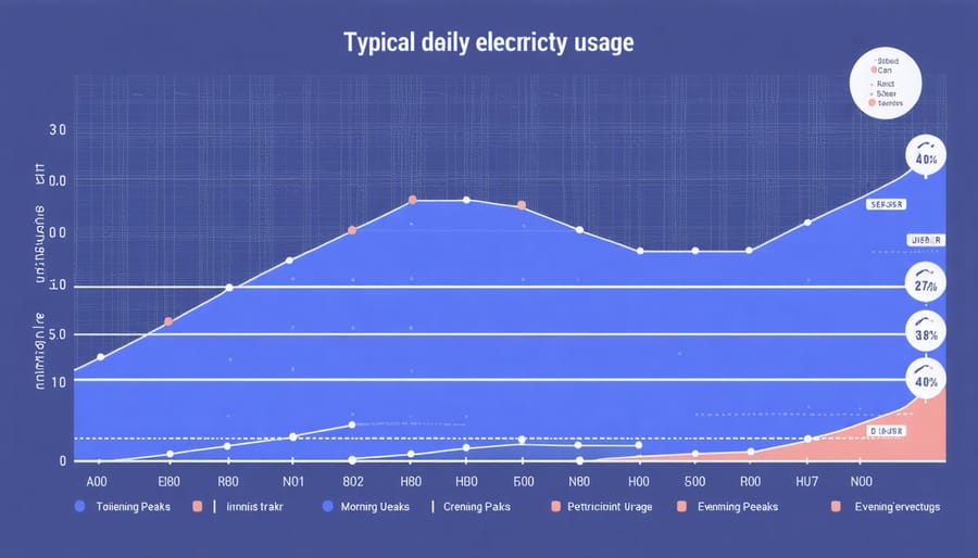 Line graph displaying 24-hour electricity consumption with highlighted peak periods during morning and evening hours