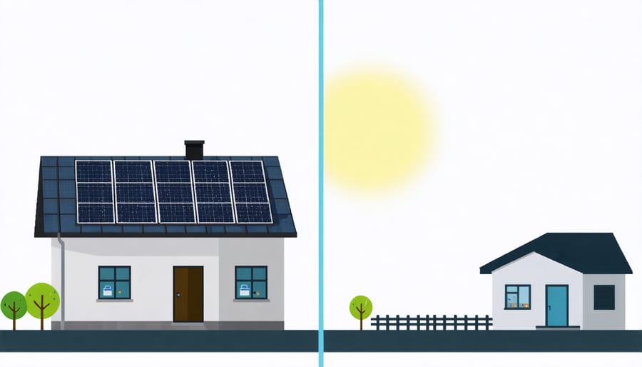 Diagram comparing daytime solar power flow to nighttime battery power usage in a residential setting