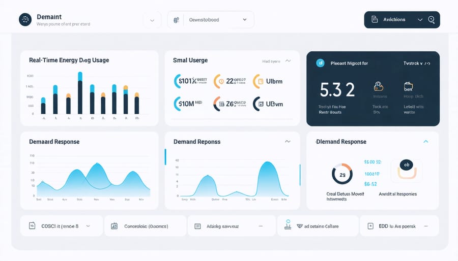 Digital interface displaying home energy consumption metrics and active demand response alert