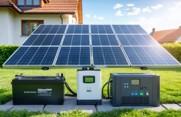 A conceptual illustration of a DIY solar generator showing solar panels, a charge controller, a battery bank, and an inverter set up in a residential area for sustainable energy use.