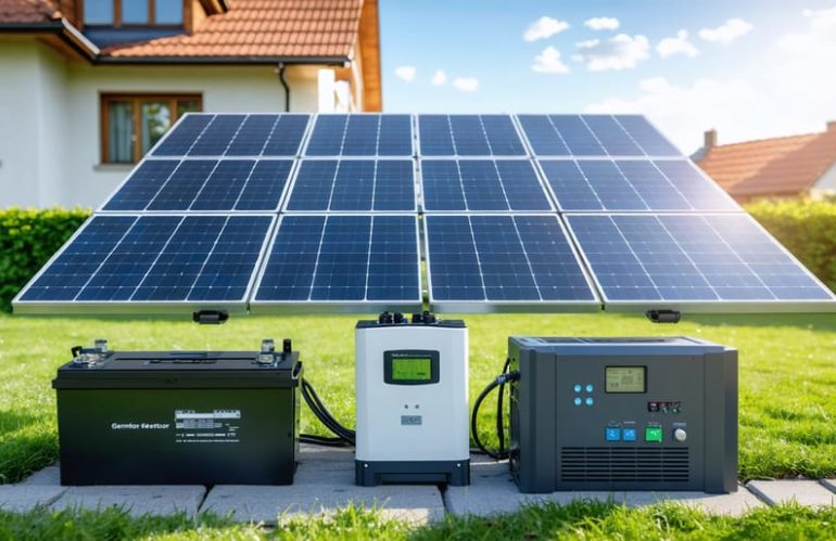 A conceptual illustration of a DIY solar generator showing solar panels, a charge controller, a battery bank, and an inverter set up in a residential area for sustainable energy use.