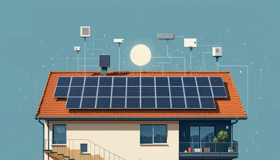 3D illustration showing data flow between solar panels and edge computing devices on a smart home