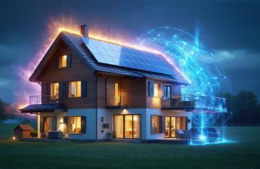 A concept image of a house with solar panels and battery backup, surrounded by a protective aura, symbolizing continuous power supply and energy independence.