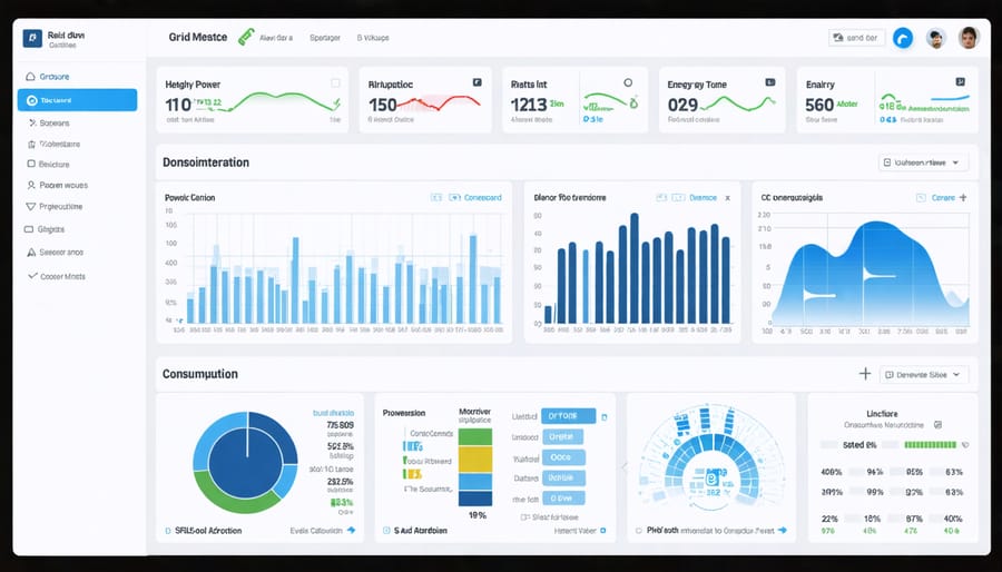 Digital interface displaying real-time home energy management statistics and controls